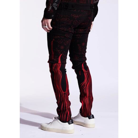 Embellish NYC Men's Eulogy Black/Red Embroidered Skinny Fit Stretch Denim Jeans - Picture 3 of 4